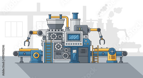 Industrial Manufacturing Machine with Robotic Arms on a Conveyor Belt System