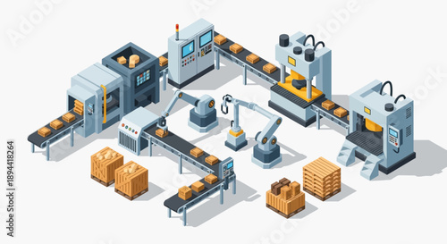 Automated industrial production line with robotic arms and conveyor belts, depicting modern manufacturing processes and factory automation