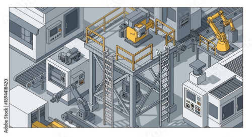 Isometric view of an automated factory with robotic arms and conveyor belts, illustrating modern industrial production and efficiency