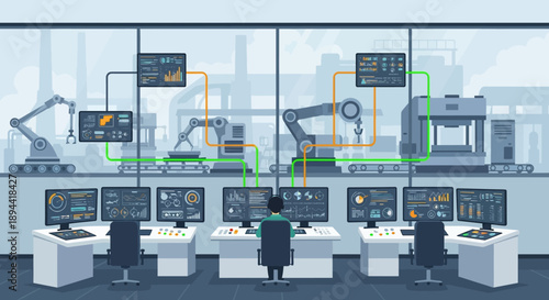 Automated production line in a modern factory with robotic arms and control panels displaying data