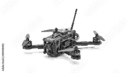 Halftone art drone featuring an antenna and propellers, creating a stippled design for technology illustrations.
