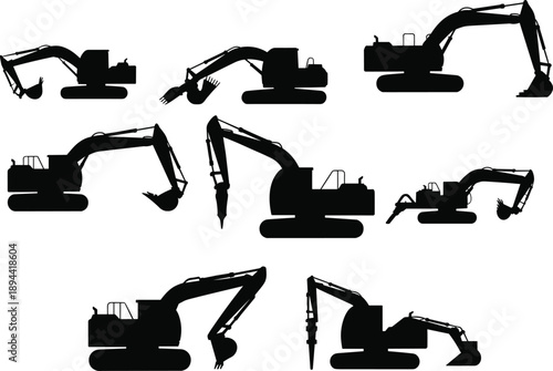 Excavator silhouettes set, hydraulic digger machines, construction equipment, heavy machinery, industrial vehicles, earthmoving tools, isolated on white