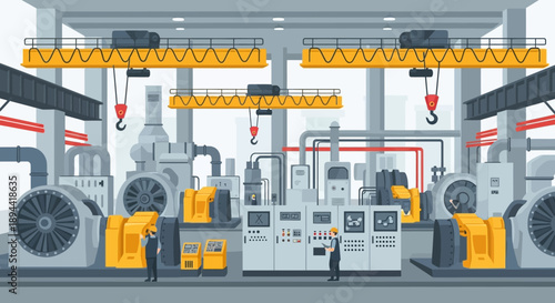 Industrial manufacturing facility with heavy machinery and workers overseeing operations in a large factory setting