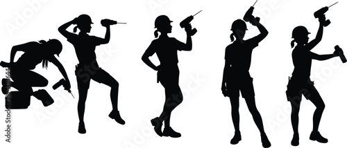 Female construction worker drill silhouette set showing women builders using power tools, professional industrial labor poses isolated on white