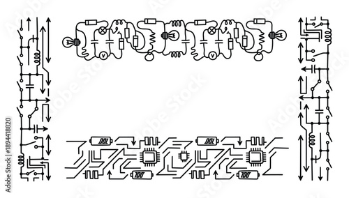 Hand drawn circuit frame featuring electrical components, circuit boards, batteries, and wiring diagrams.