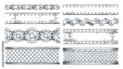 Hand drawn borders featuring chains, gears, metal, and wire fence for industrial designs.