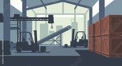 Industrial warehouse scene with forklifts, conveyor belt, and stacked crates, illustrating logistics and distribution operations