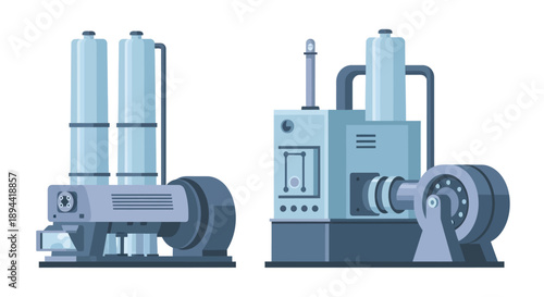 Vector illustration of industrial machinery. Collection of robust factory equipment, intricate processing units, and heavy-duty mechanical components for modern manufacturing and systems