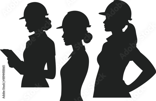 Female construction worker silhouettes wearing hard hats, representing women empowerment, leadership, engineering roles, professional teamwork, industry equality, and modern workforce diversity