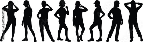 Female construction worker silhouettes posing confidently, women builders wearing hard hats, industrial labor fashion poses isolated on white background studio