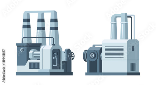 Modern industrial machinery illustrations depicting factory automation, energy production, and manufacturing processes, ideal for technology and engineering concepts