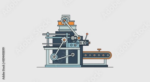 Modern flat design vector illustration of an intricate industrial machine featuring a conveyor belt system, gears, and levers, highlighting manufacturing efficiency and mechanical process
