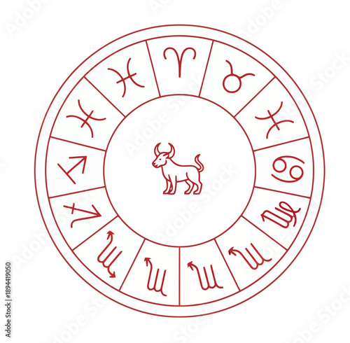 Minimalist zodiac wheel illustration featuring the Taurus bull symbol in the center with astrological signs.
