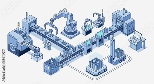 Modern automated factory production line illustration showcasing smart robots, conveyor belts, and intelligent machinery for efficient industrial manufacturing and assembly