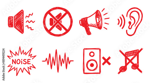 Hand drawn style illustrations, volume controls, speaker, ear, warning for design, sound projects.