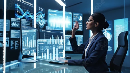 Businesswoman managing financial data and KPIs on an advanced AI data analytics dashboard. Modern technology for corporate strategy, performance optimization, and informed decision-making in...