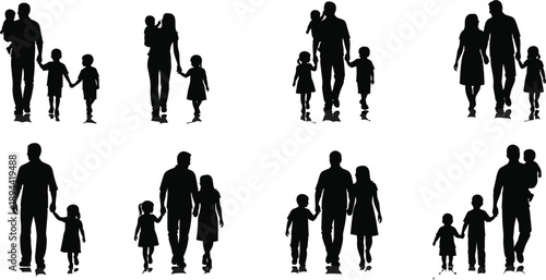 Collection of family silhouettes walking together parents children holding hands happy lifestyle parenting love unity black vector set isolated bundle