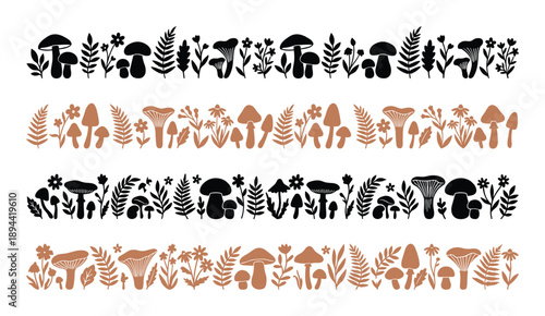 Hand-drawn mushroom and floral pattern border. Decorative fungus and plants. Black and brown seamless patterns.