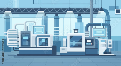 Automated modern factory interior with advanced manufacturing machinery and equipment, showcasing smart industrial production and precision engineering processes within a high-tech facility