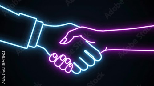 Neon Outlined Handshake on Dark Background.
