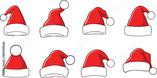 Collection of red Santa hats set Christmas festive winter holiday costume accessories cartoon vector isolated illustration bundle