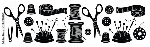 Hand-drawn sewing kit with scissors, buttons, spools, pin cushion, needle, thimble, and measuring tape.