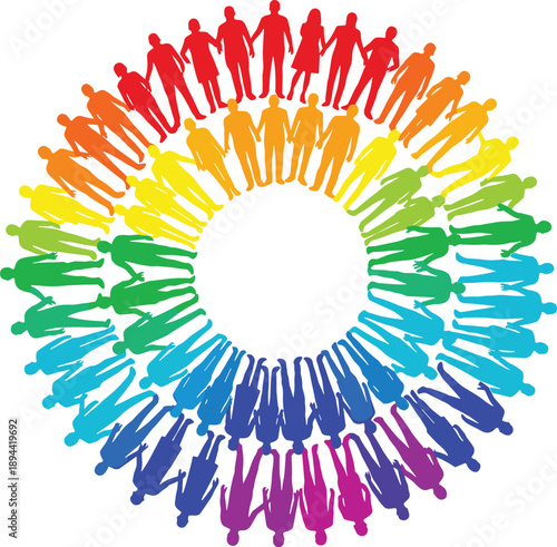 Colorful diverse people circle unity teamwork community connection collaboration rainbow silhouettes group support inclusion social togetherness vector illustration