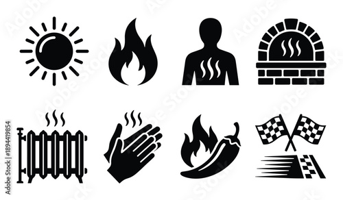 Heat and temperature related glyph icons set. Hot weather, spicy food, cooking, heating and completion signs.