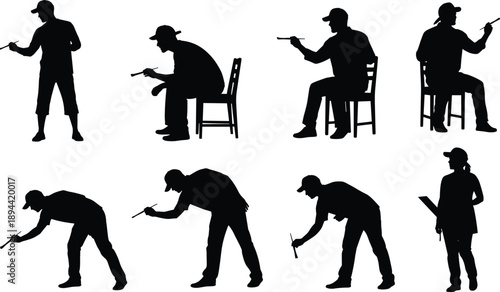 Painter artist silhouettes holding brushes drawing painting poses set creative people black vector isolated illustration collection design