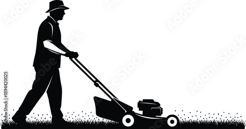 Man pushing lawn mower silhouette cutting grass garden maintenance landscaping outdoor work black vector isolated illustration equipment