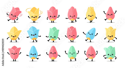 Cute cartoon tulips with happy faces in pink, yellow and blue.