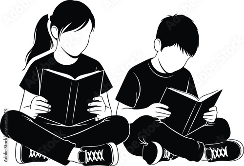 Silhouette vector illustration of two children sitting cross legged reading books together education learning study library school knowledge friendship concept