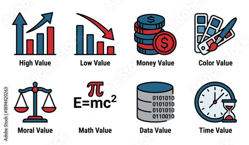 Illustrating high, low, money, color, moral, math, data and time values icons on a light background.