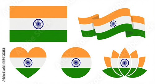 Set of Indian flag emblems in various shapes, including a standard flag, a wavy flag, a heart shape, a circular emblem, and a lotus flower design