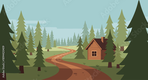 Cozy Wooden Cabin in a Lush Evergreen Forest with a Long Sinuous Dirt Road Cutting Through the Grassy Landscape Under a Clear Sky with Distant Woodland Trees