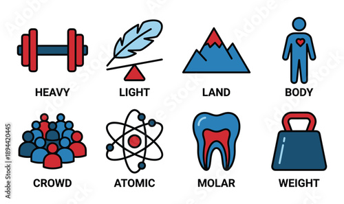 Illustration showcasing symbolic icons representing weight, light, land, body, atomic structure, crowd, molar