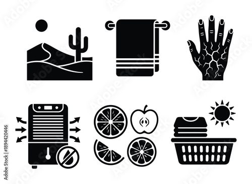 Illustration showing dryness with heater, desert, fruits, laundry, and cracked hand glyph icons in black style.