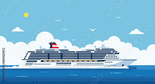 Large White Cruise Ship Sailing on the Deep Blue Ocean with Seagulls Flying Above and Fluffy White Clouds Under a Bright Sunny Sky at Daytime