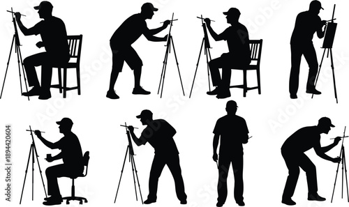 Set of painter artist silhouettes painting on easel studio workspace creative process black vector collection isolated figures graphic design pack