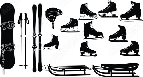 Winter sports equipment silhouettes snowboard skis poles helmet skates sleds collection black vector set isolated recreation gear illustration