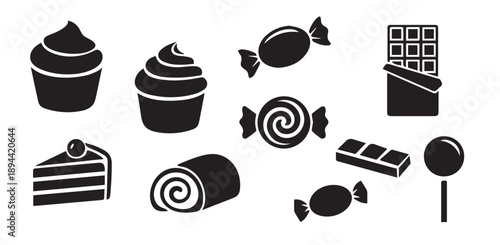 Sweet dessert and candy icon set. Bakery symbols including cupcake, chocolate bar, lollipop, cake slice, and sugar treats.