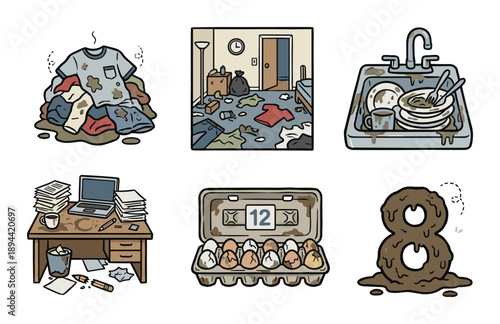 Illustrations of dirty rooms, messy clothes, sink full of dirty dishes, desk with papers, eggs and mud number