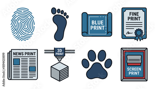 Illustrations showcasing various printing methods and applications, including fingerprints and 3D printing.