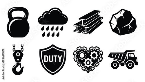 Industry and construction related icons: kettlebell, rain, steel, rock, crane, duty shield, gears heart, and truck