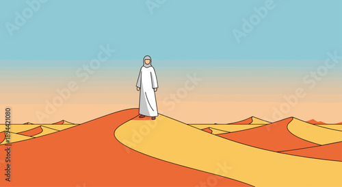 Man Wearing a Traditional White Thawb Standing on a Vast Desert Sand Dune at Sunrise with a Minimalist Pixel Art Aesthetic and Warm Orange Horizon Tones.