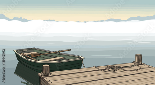 Green Wooden Rowboat Tied to a Pier on a Misty Lake with Calm Water and Low Clouds in a Serene and Quiet Morning Pixel Art Scene Landscape Illustration.