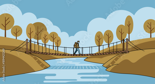 Backpacker Crossing a Wooden Suspension Bridge Over a River in an Autumn Forest with Brown Trees and a Blue Sky in an Adventurous Pixel Art Illustration.