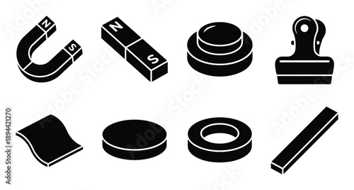 Isometric magnet glyph icon set including U-shaped, bar, cylindrical, sheet, ring, and stamp designs.