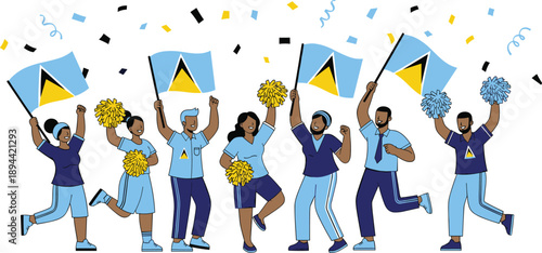 Animated crowd celebrating Saint Lucia with flags, pom-poms, and confetti, expressing national pride, unity, and festive spirit in vibrant blue and yellow.