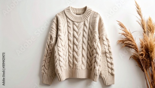Cozy Cable Knit Sweater on White Background with Pampas Grass.
